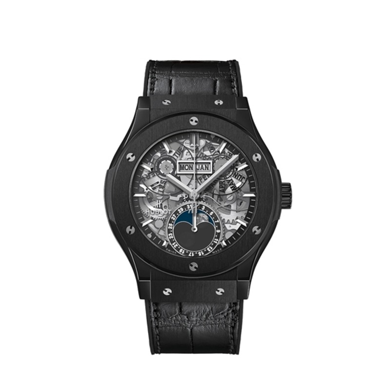 [premium] H 위블* 에어로퓨전 문페이즈 블랙 매직 42mm 사파이어 다이얼 오토매틱 블랙 러버 가죽 스트랩 시계